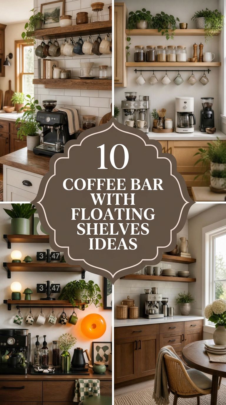 Pinterest banner for 10 Coffee Bar with Floating Shelves Ideas for a Stylish Home Café