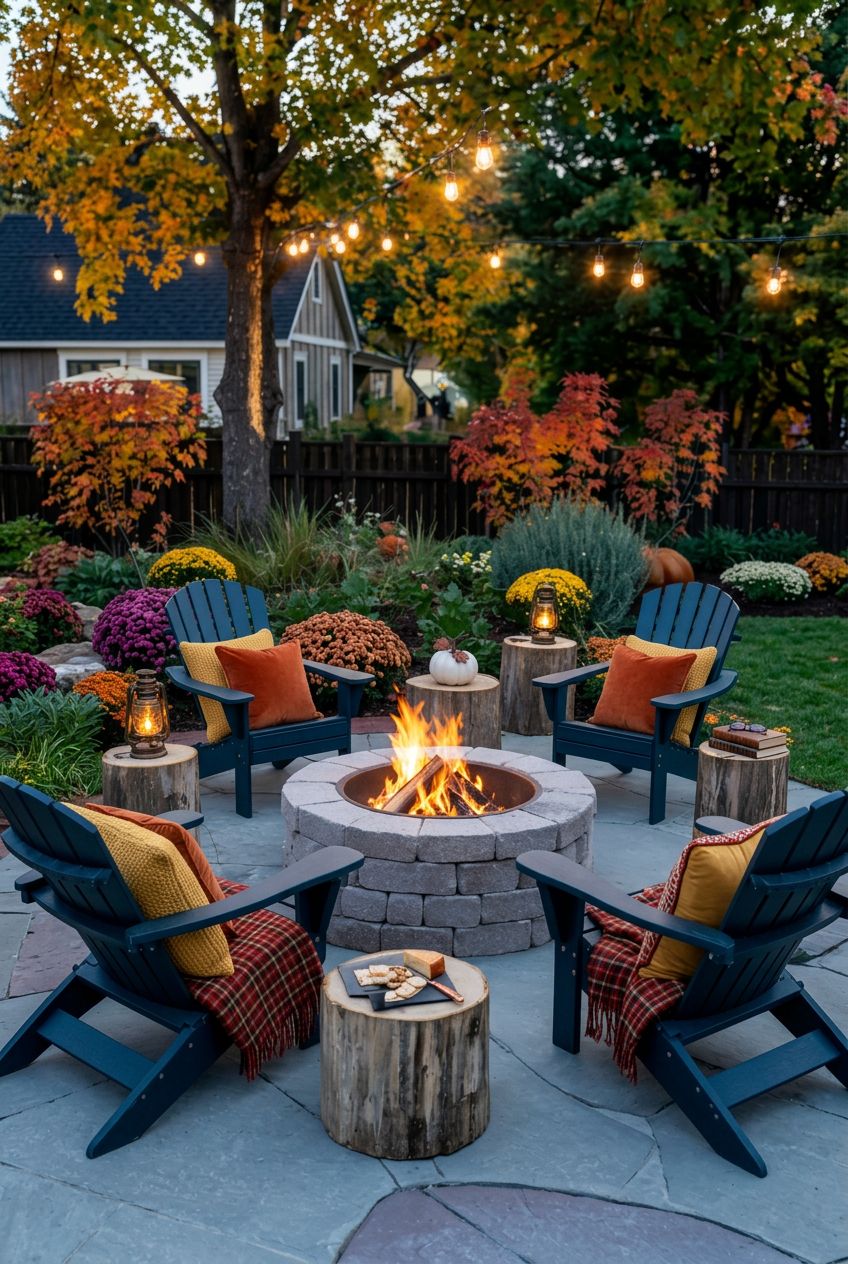 An autumn-inspired fire pit gathering featuring deep blue Adirondack chairs arranged in a soft stone patio circle, centered on a classic pav.