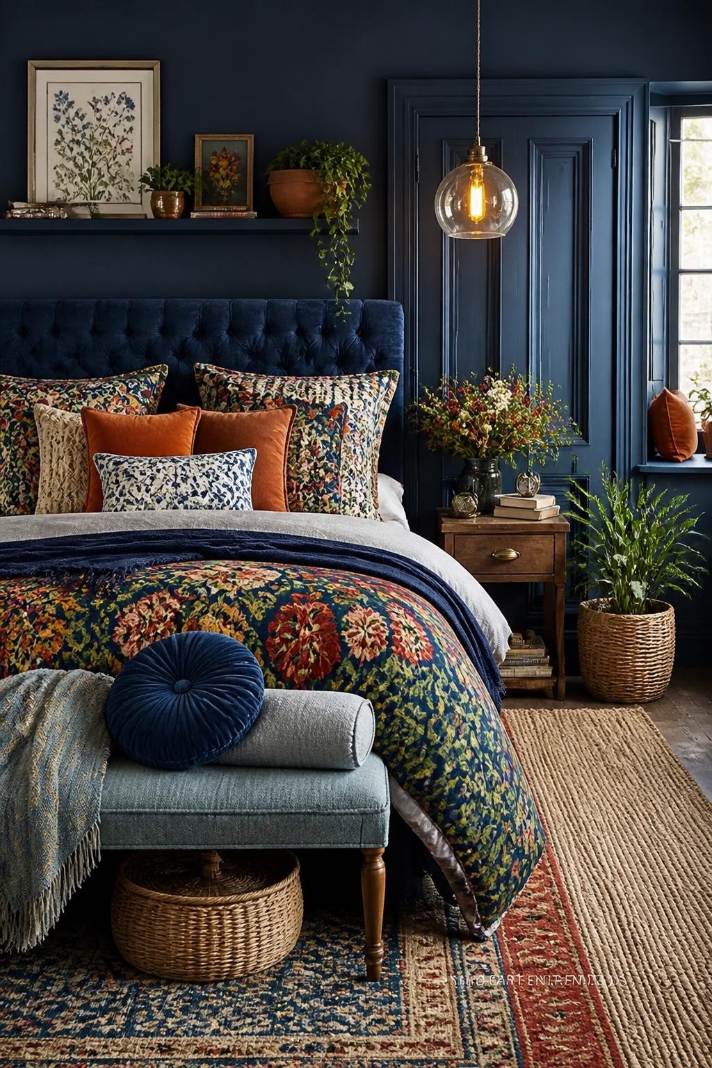 A bohemian-inspired bedroom filled with energy, featuring a navy blue field as the backdrop and a tufted velvet headboard.