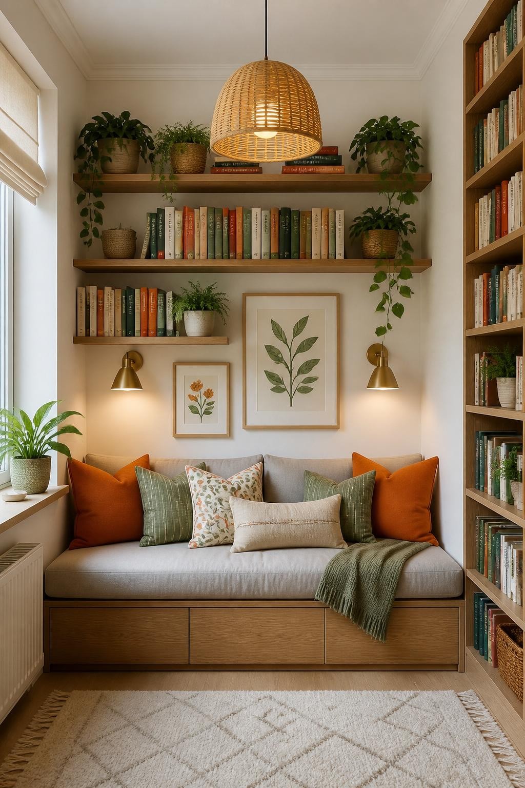A cheerful home library corner brims with personality, featuring warm wood floating shelves layered above a cushioned bench.