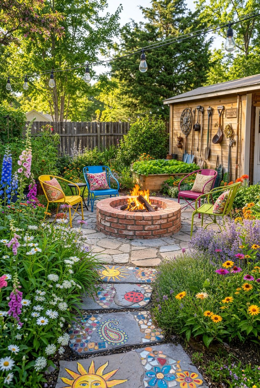 Emphasize a cheerful cottage garden ambiance by centering on a round red brick fire pit encircled by brightly colored metal garden chairs an.