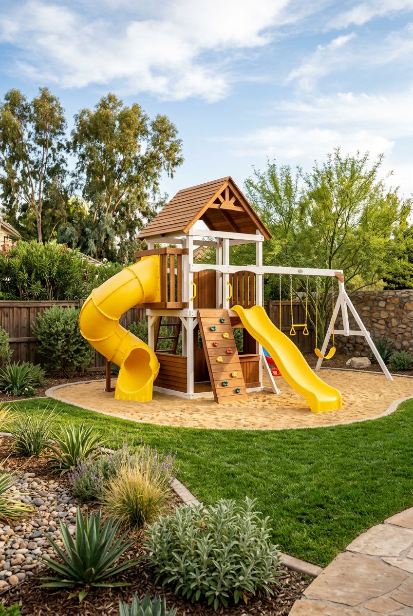 A vibrant and inviting backyard showcases a central play structure with a peaked wooden roof, yellow twisty tube slide, and matching wave sl.