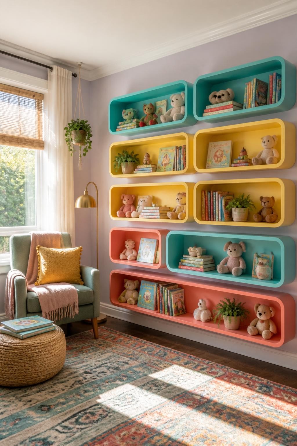 A playful reading nook featuring bold, curved floating shelves mounted on a pastel wall, arranged in a grid pattern.