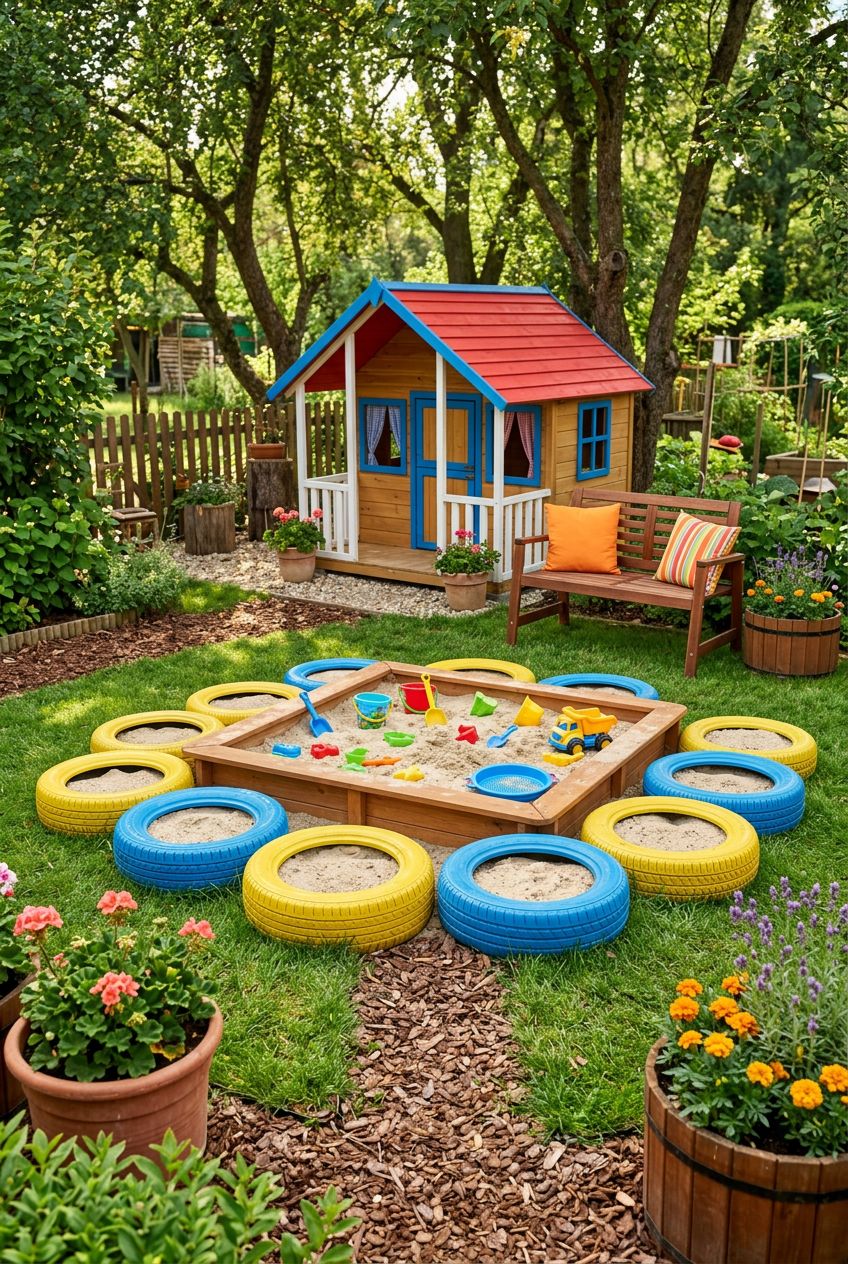 A playful sand play zone featuring a mini sandbox in the center, surrounded by brightly painted yellow and blue tires, repurposed as playful.