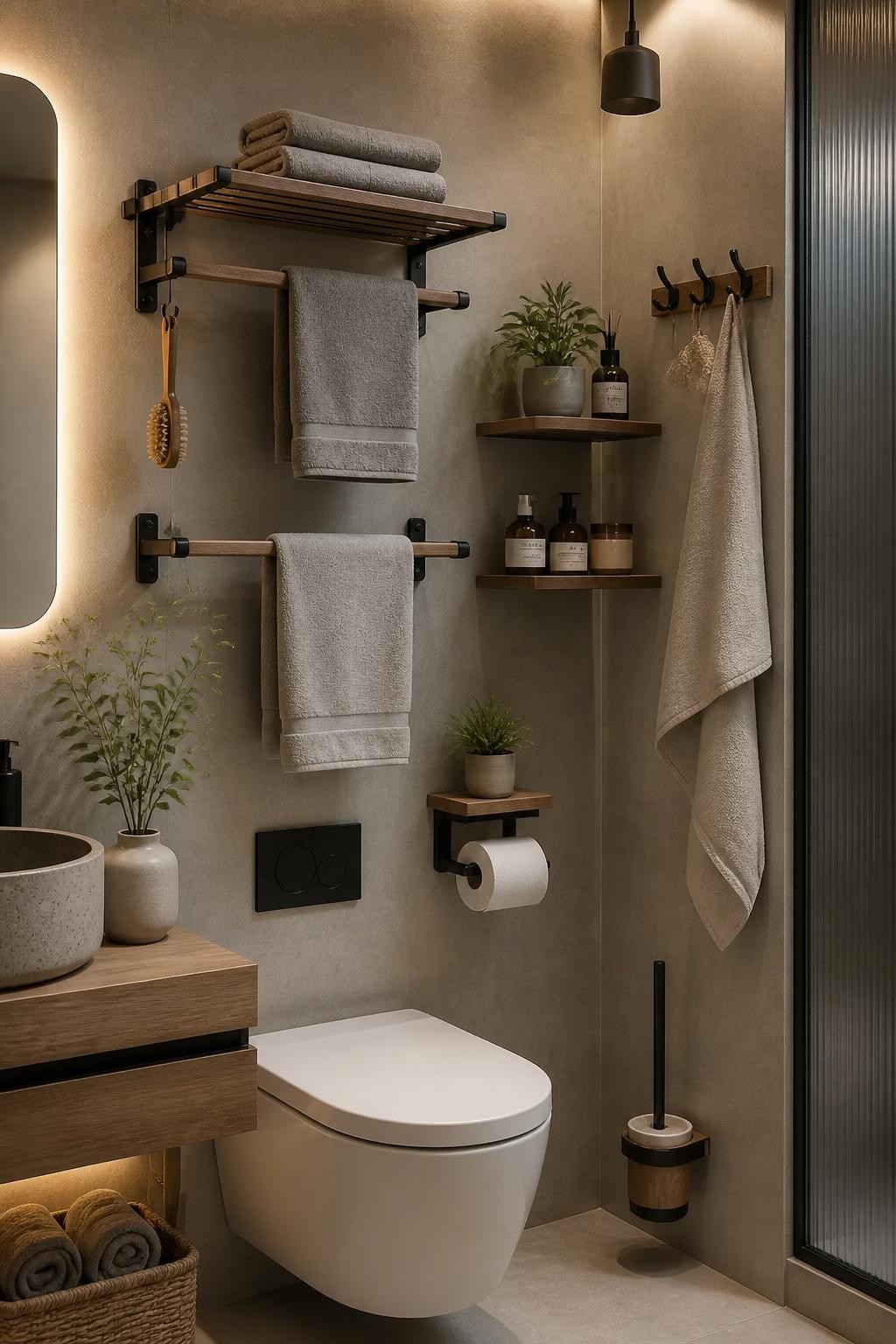 A compact urban bathroom maximizes vertical space by layering multifaceted wooden shelves and metal racks atop sleek cement-look walls.