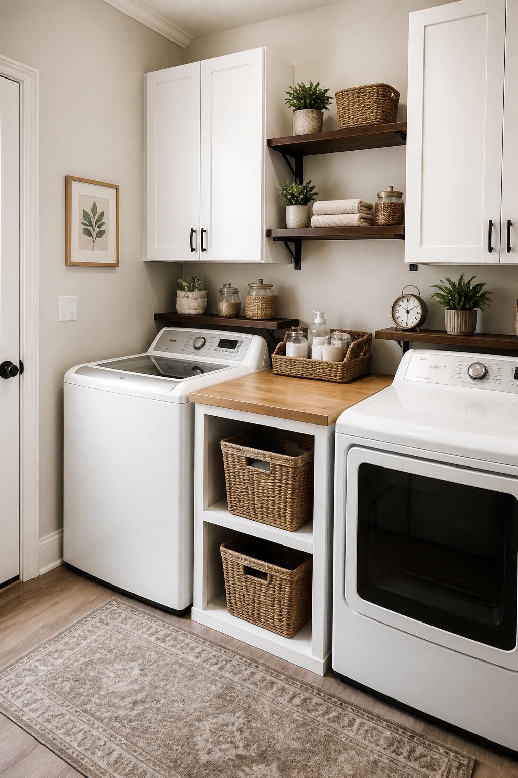 A compact yet efficient laundry nook showcasing white cabinets and contrasting dark floating shelves with black metal brackets.