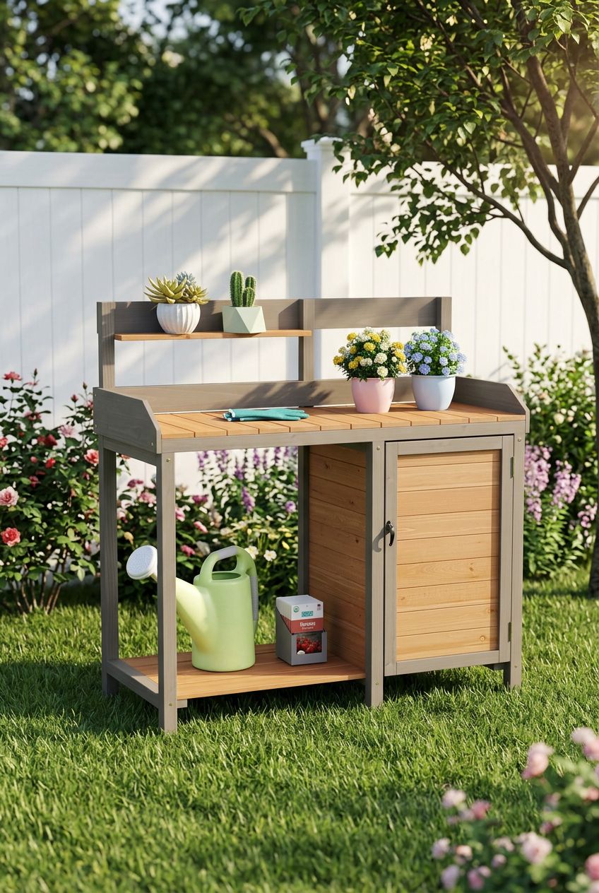 Use the uploaded wooden potting bench table exactly as the reference product, preserving its compact, two-tone wood design, single cabinet d.