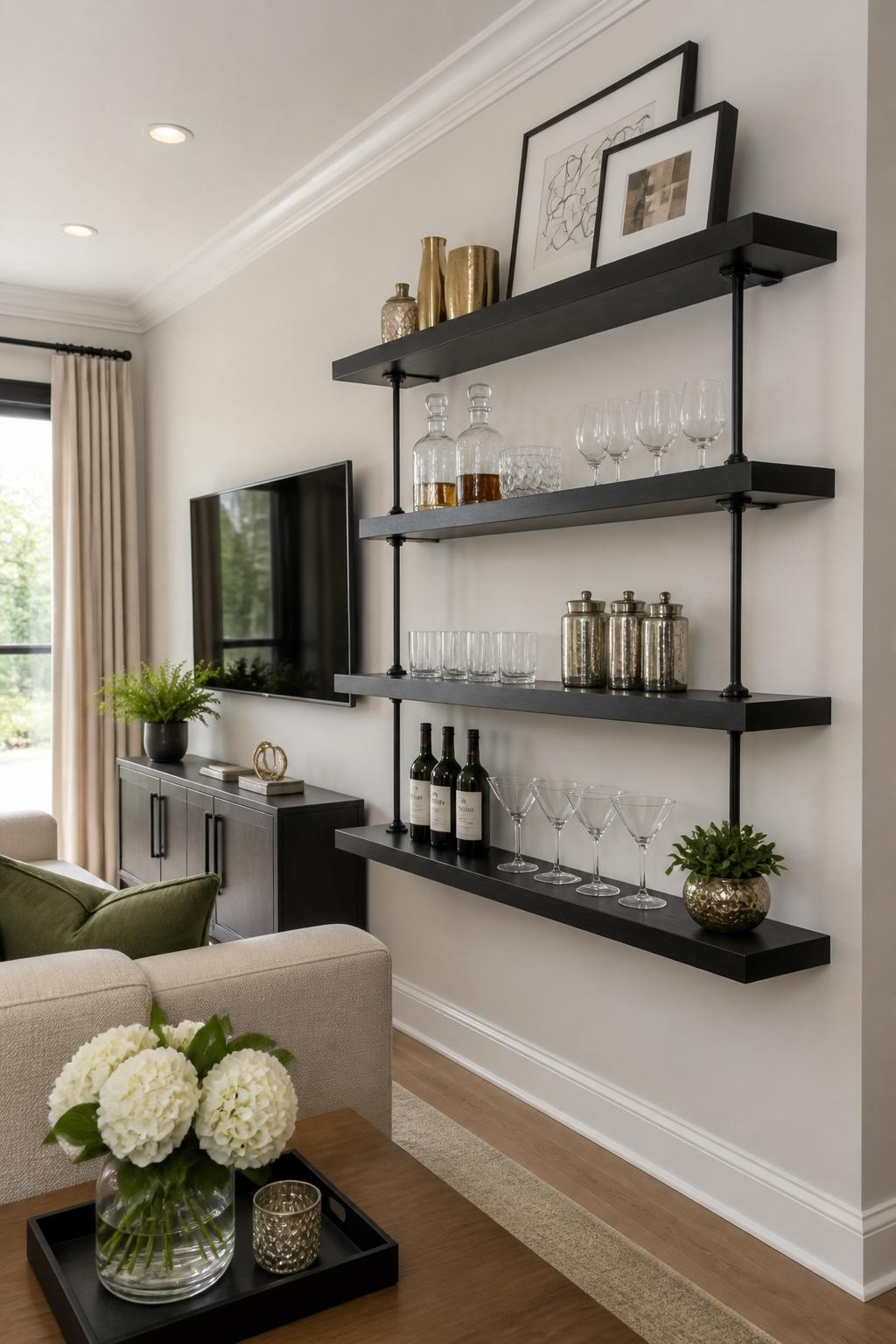 A sleek contemporary living area features three bold black floating shelves supported by slim black pipes, forming a sophisticated home bar.