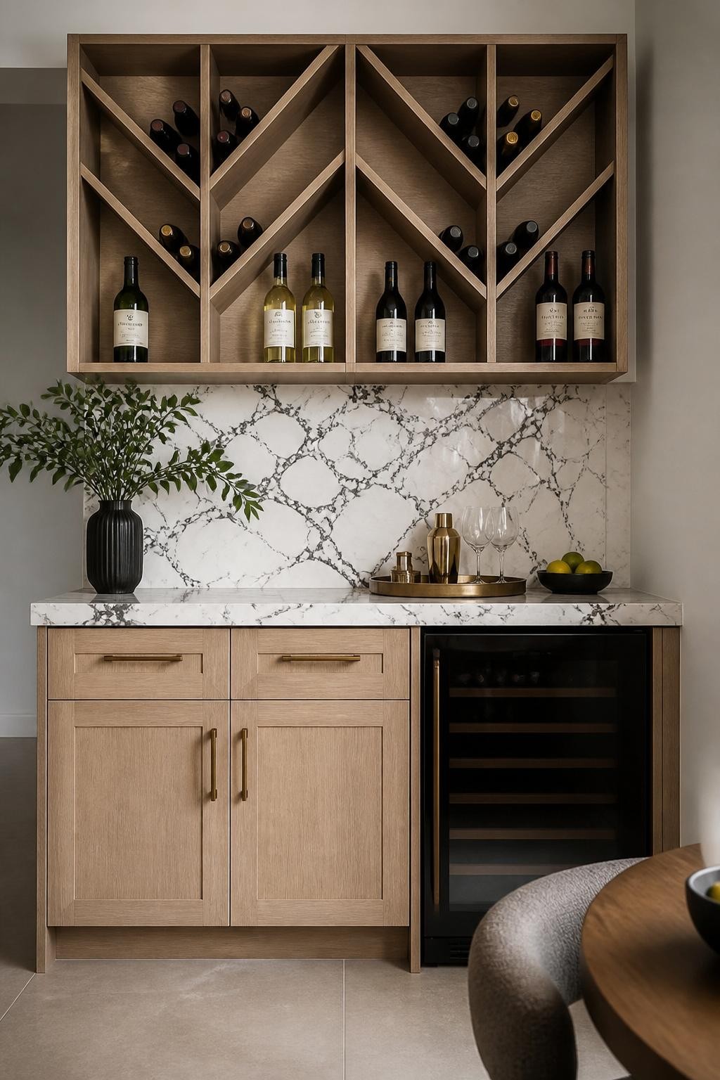This contemporary bar draws immediate attention with a geometric chevron wine storage floating above a dramatic black-and-white marble backs.