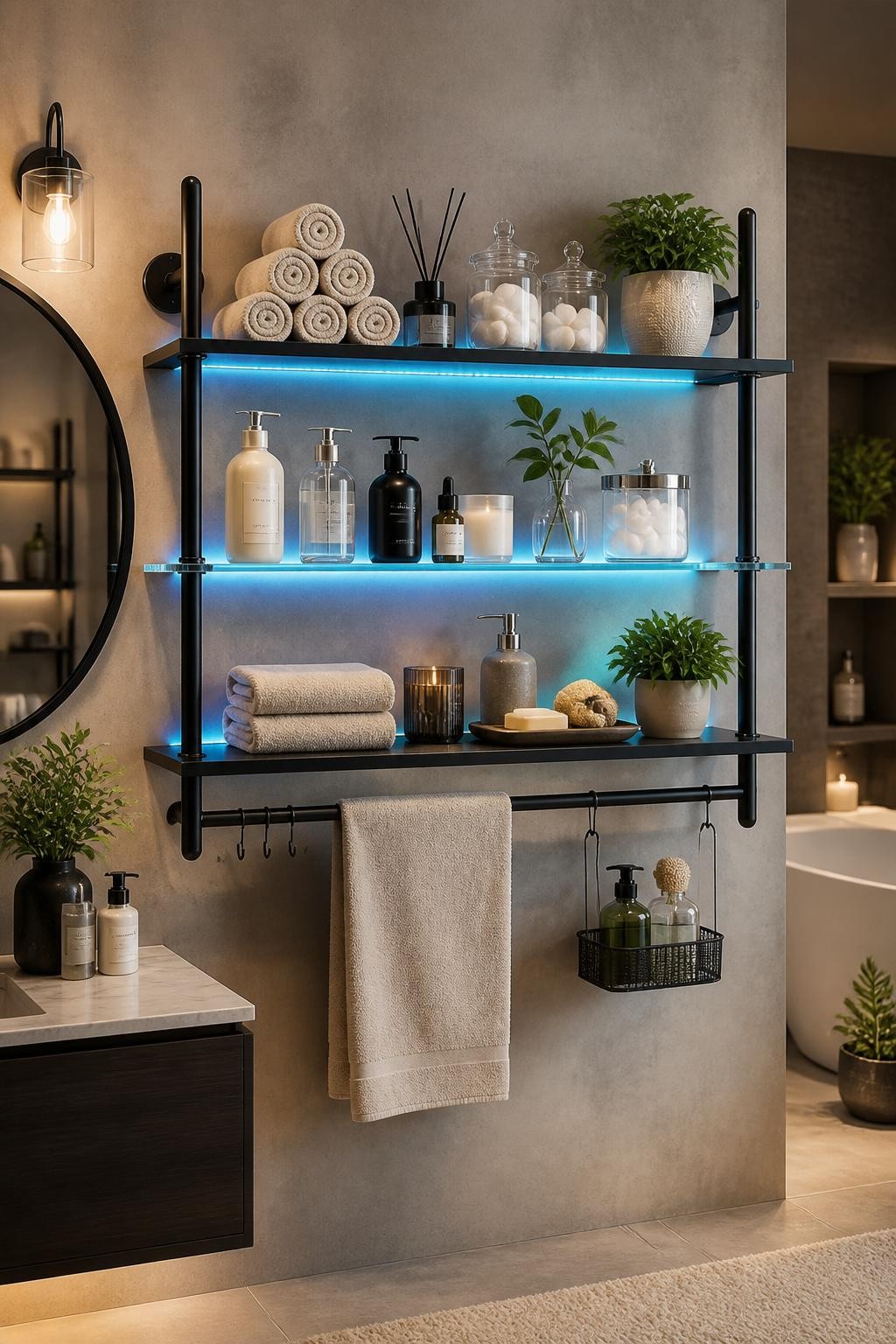 Design a luxurious bathroom setup with contemporary floating shelves featuring matte black supports and glass panels, backlit by customizabl.