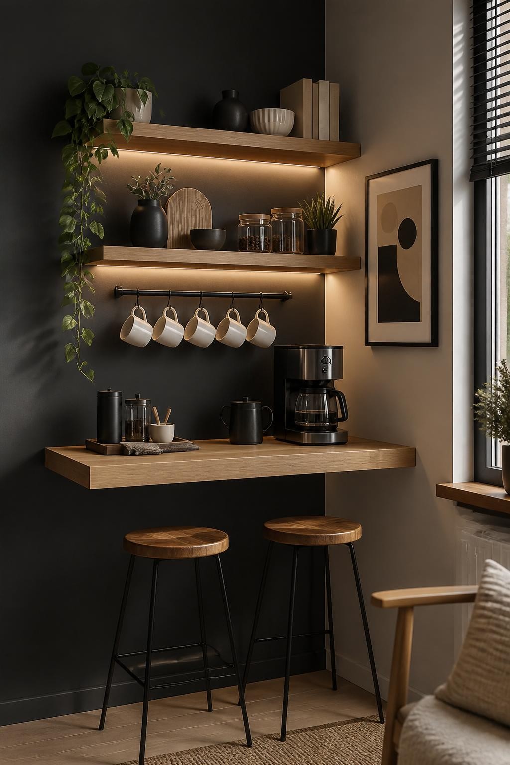 This contemporary coffee bar makes a bold statement with matte black walls and honey-toned floating shelves illuminated by soft, diffused un.