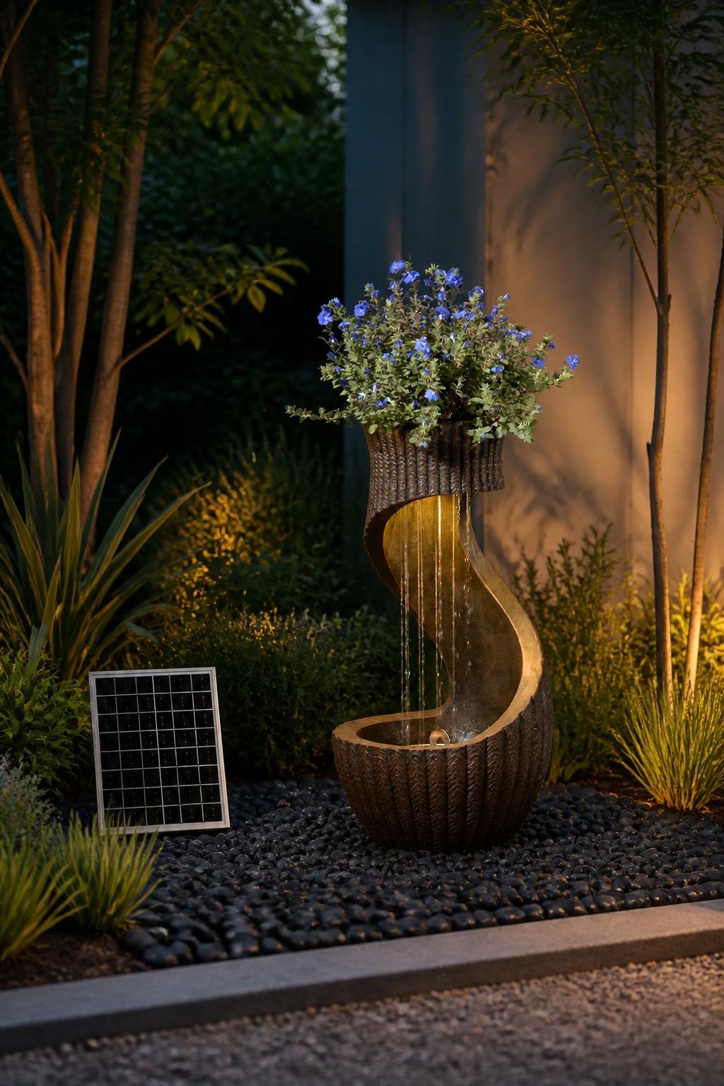 Use the uploaded s-curved cascading fountain exactly as the reference product, preserving its elegant sweeping design, top planting section.