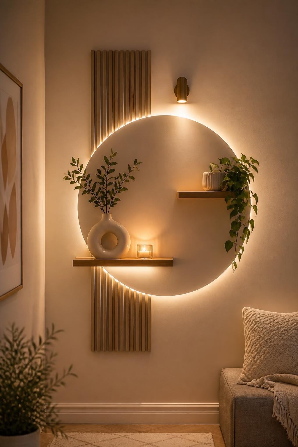 Reveal a cozy contemporary alcove with a large circular accent outlined in warm LED lighting, intersected by twin wood floating shelves.