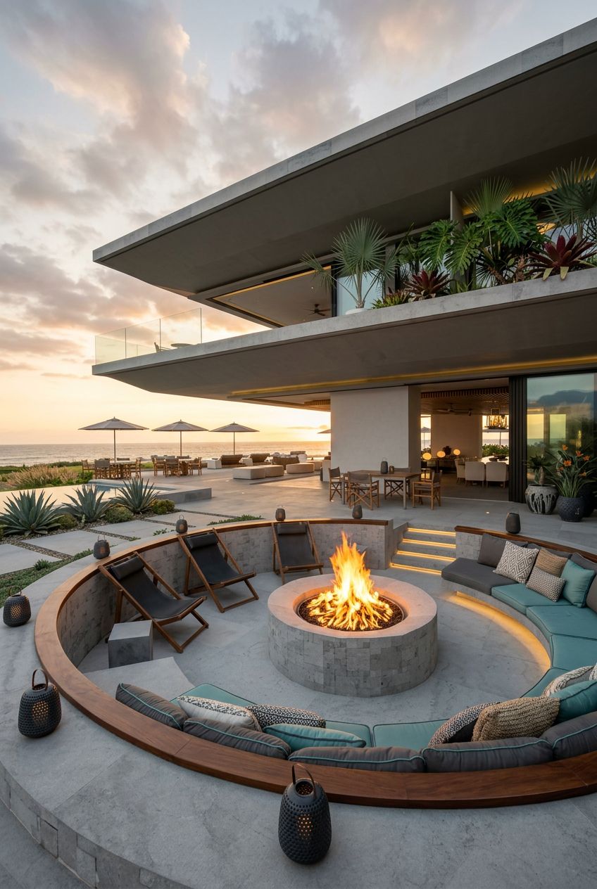 An ultra-modern sunken terrace by the coast, centered around a circular stone fire pit with a striking fire feature.