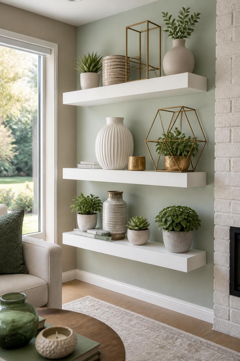 Contemporary living room corner featuring three bold white floating shelves mounted on a pastel sage accent wall.