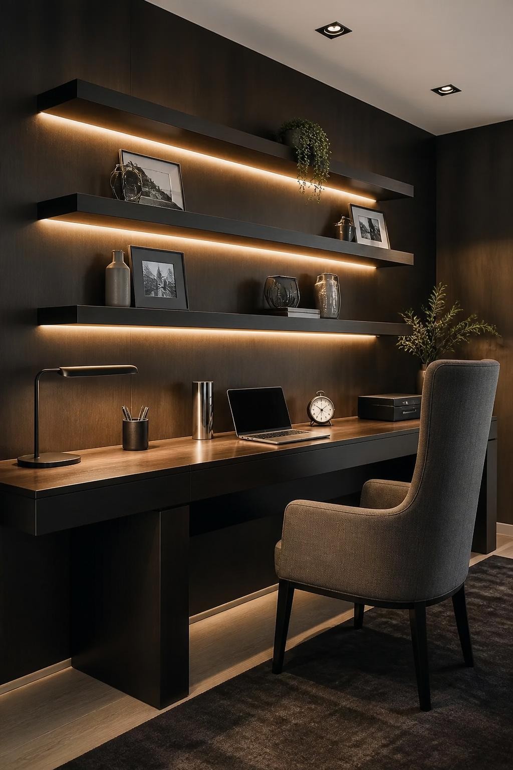 Embracing a sleek, contemporary mood, this luxurious home office features three floating dark wood shelves with integrated golden accent lig.