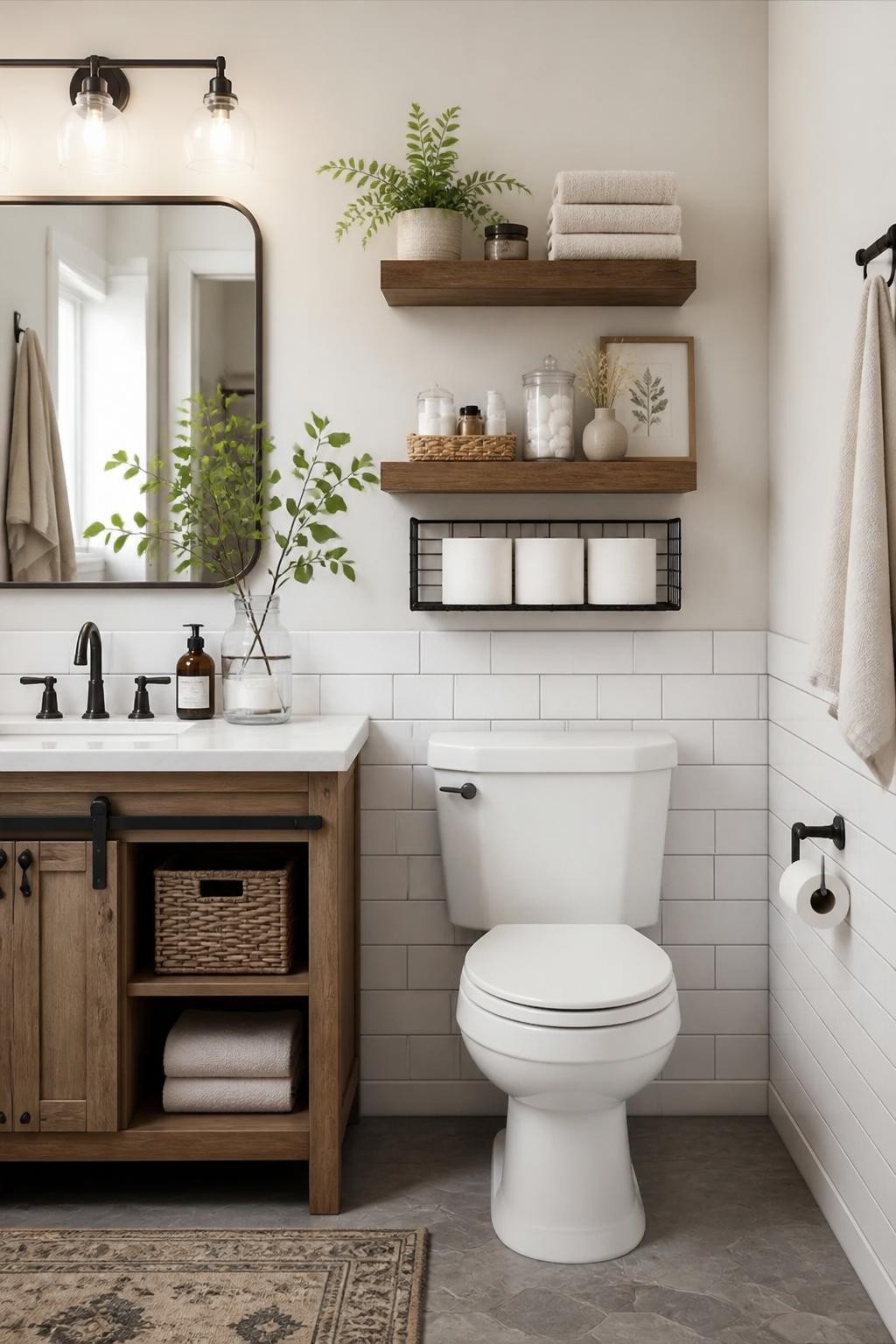 A contemporary farmhouse bathroom setting with two thick wood floating shelves and a matching metal-wire cubby shelf over the toilet, blendi.