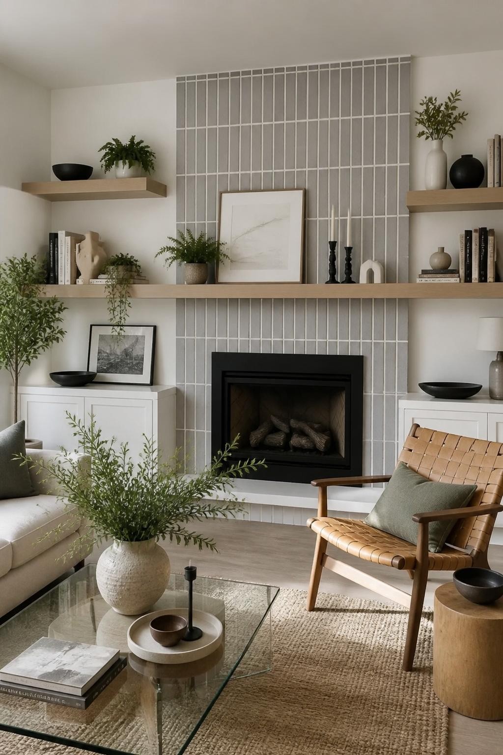 A contemporary living room with a sleek tiled fireplace in cool gray and white tones, featuring floating wood shelves on either side and a s.