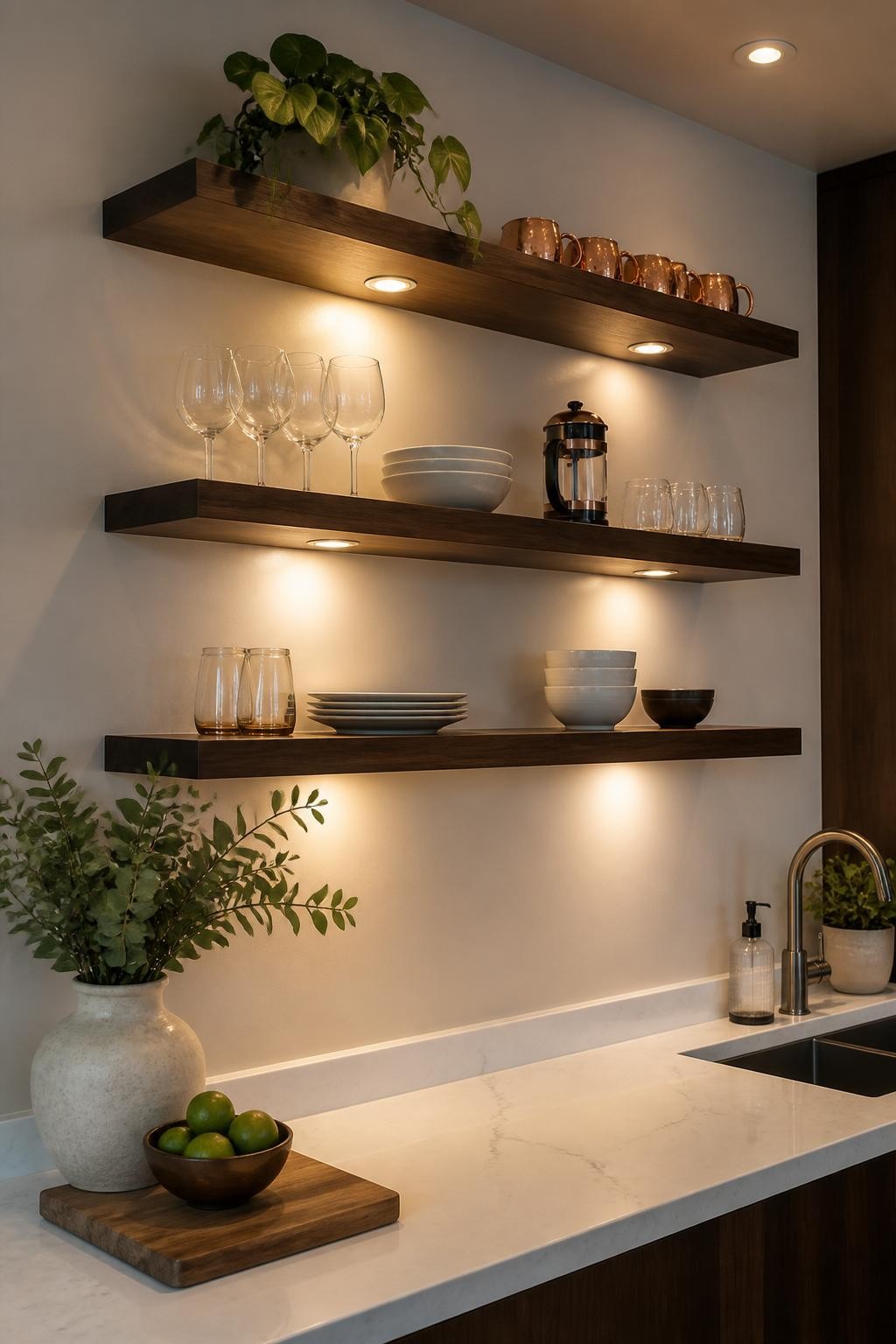 Sleek, modern kitchen wall with bold, flat-panel walnut floating shelves that make a statement against creamy smooth walls.