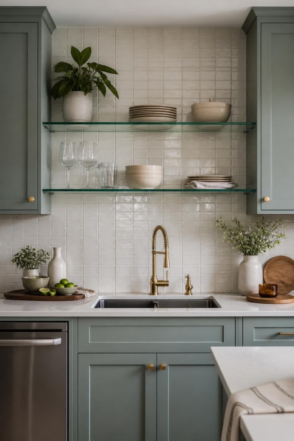 This contemporary kitchen blends serene cool-toned cabinetry with floating glass shelves that span between cabinets above a lustrous off-whi.