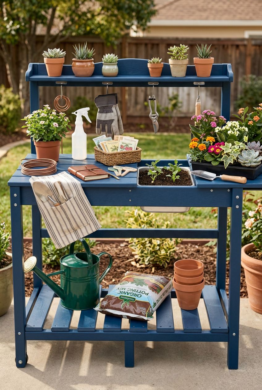 Use the uploaded HDPE Outdoor Potting Bench exactly as the reference product, maintaining its terra cotta hue, crisp lines, and slatted surf.
