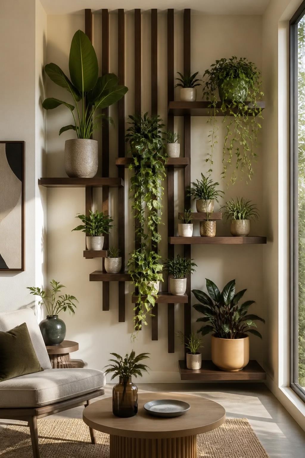 A dramatic living area is anchored by a wall installation of layered, walnut-toned floating shelves set against a backdrop of vertical woode.