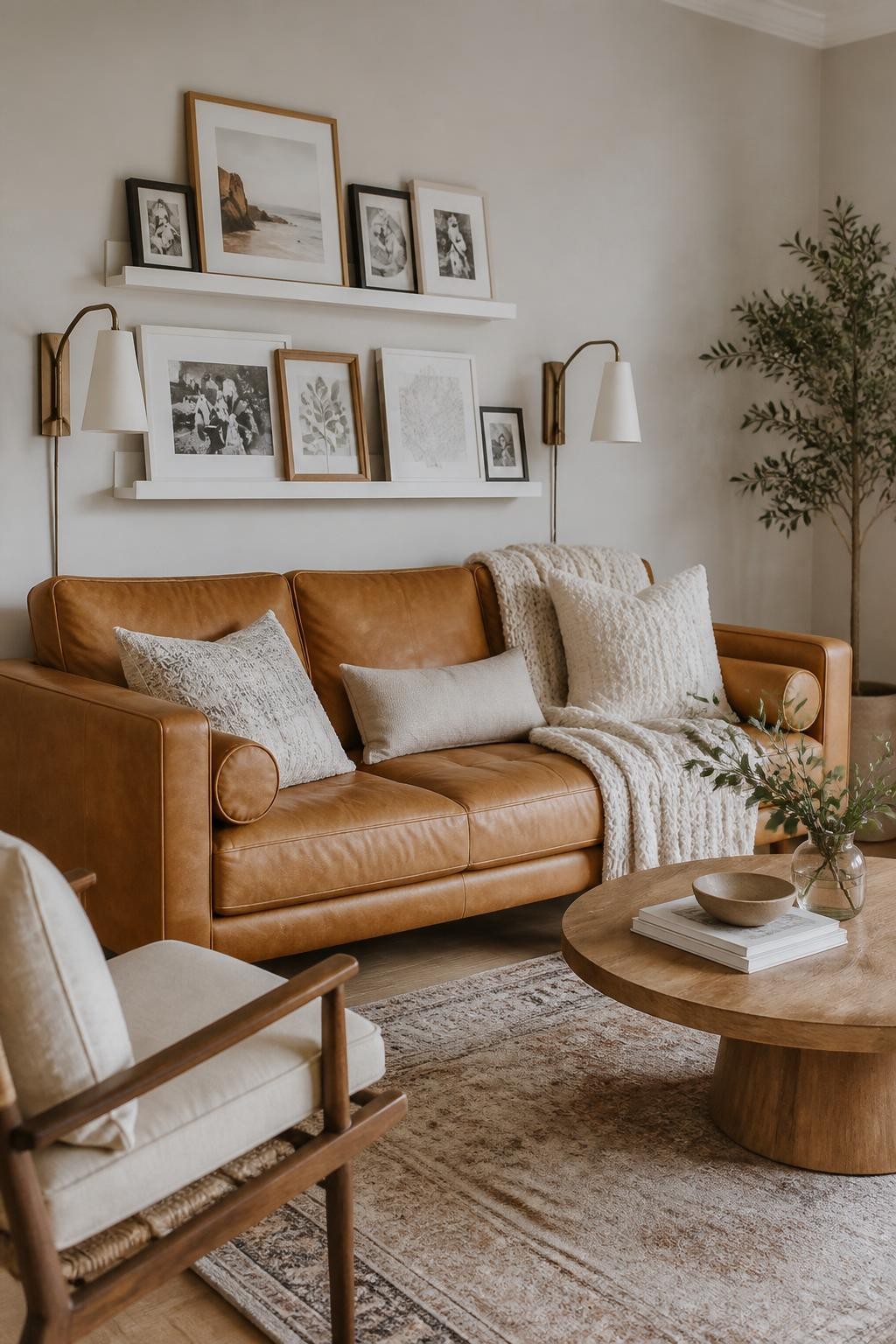 Mid-century-inspired living area featuring a rich caramel leather sofa, complemented by layered white floating picture ledges above.