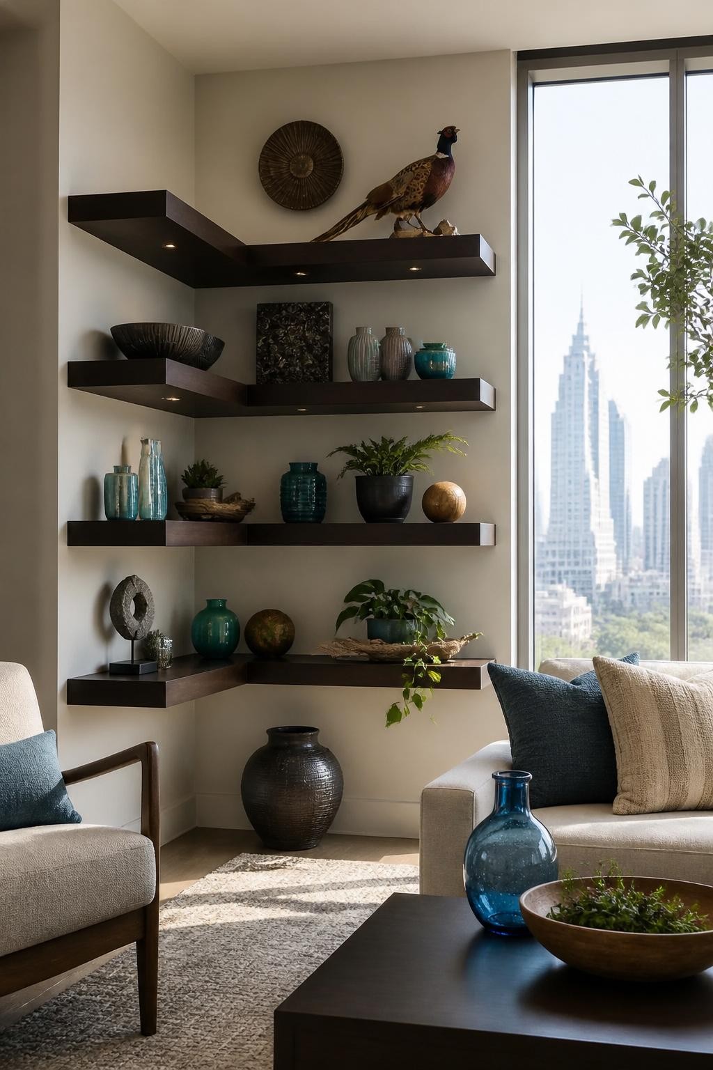 A panoramic city-view living room featuring thick, dark espresso floating corner shelves against a beige wall.