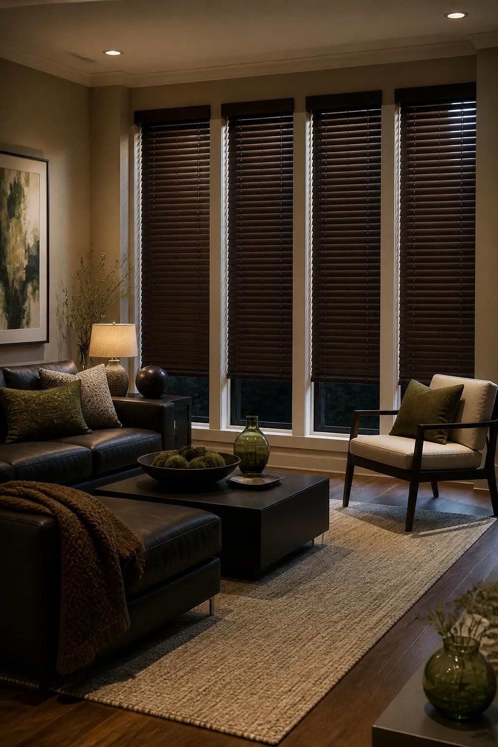 A sophisticated contemporary living room is grounded by four floor-to-ceiling windows dressed in rich chocolate-brown horizontal blinds, fra.