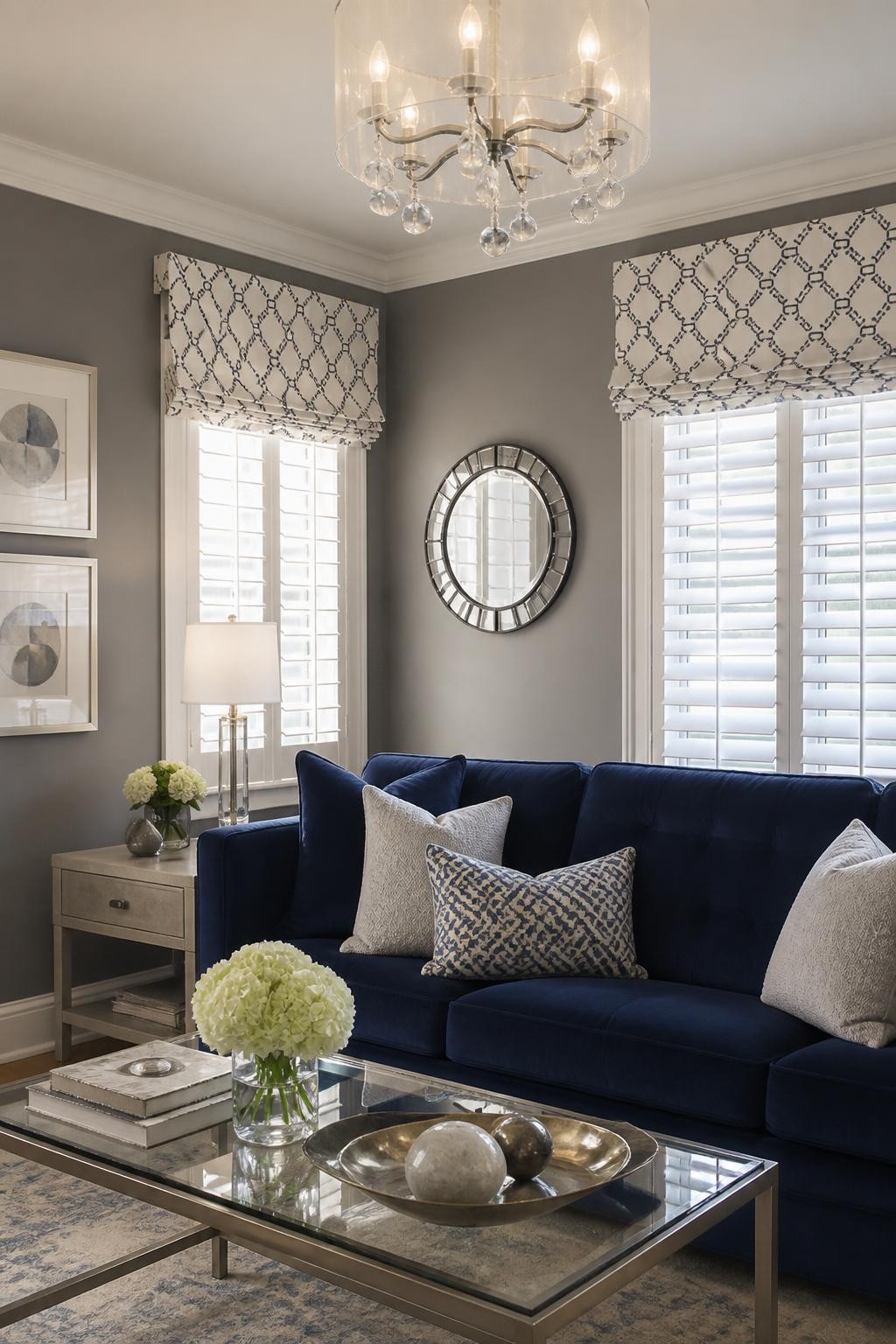 A contemporary living room in cool gray and navy tones, with windows that feature chic geometric valances in cream and charcoal atop clean p.