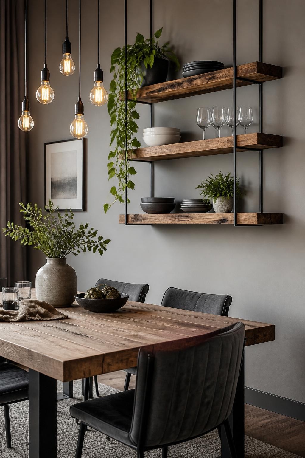 The contemporary loft dining space features industrial-inspired floating shelves suspended by black metal brackets and rods, stacked above a.
