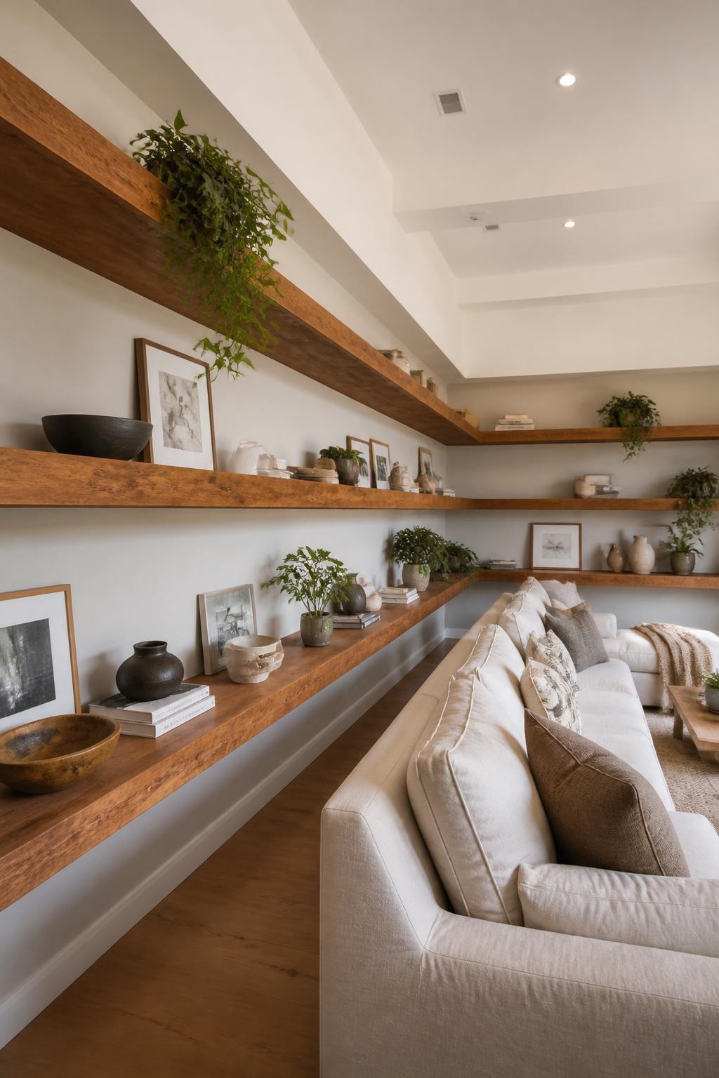 An open-concept living area with oversized floating shelves wrapping around the corner of the room, drawing the eye through the entire space.