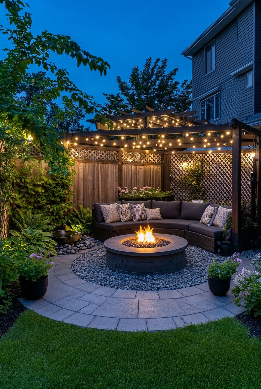 A modern backyard sanctuary with a circular gravel fire pit at its center, surrounded by sleek stone pavers and a low privacy fence.