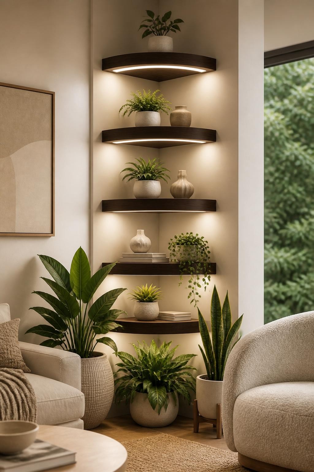 Sleek corner floating shelves display an array of potted tropical plants and minimal ceramic décor in a pale, neutral living room.