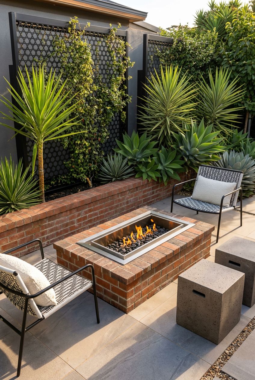 Highlight a modern backyard nook with a rectangular red brick fire pit accented by a sleek metal insert.