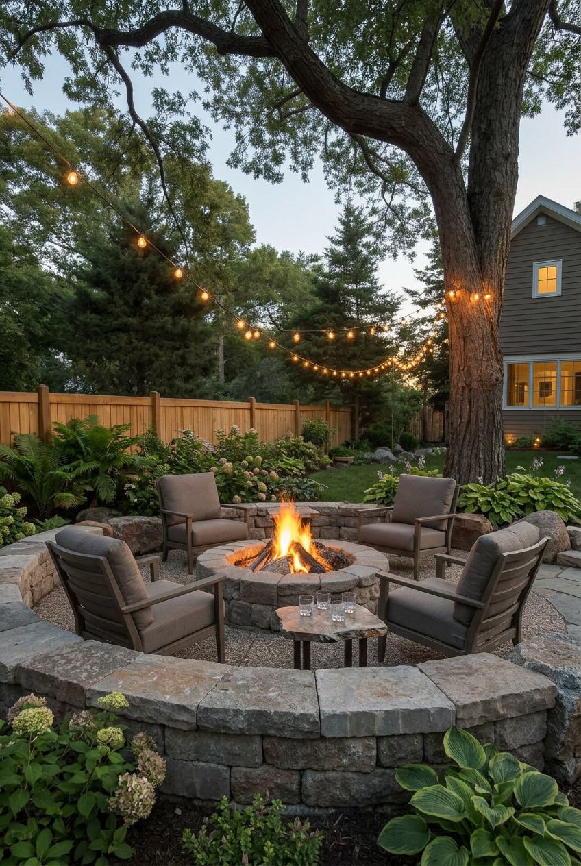 A sophisticated backyard patio scene spotlighting a circular stone fire pit ringed by large boulders and weathered stone blocks, paired with.