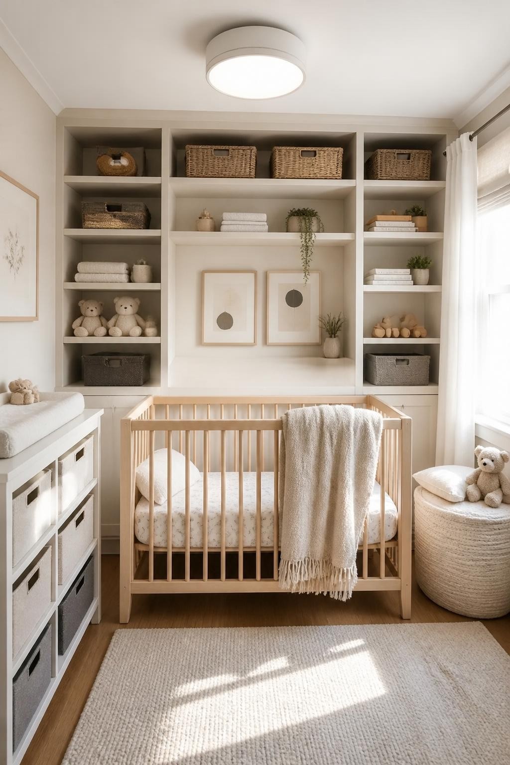 A contemporary nursery with a built-in wall of floating shelves and cubbies encasing the crib, offering maximum storage and a clean, organiz.