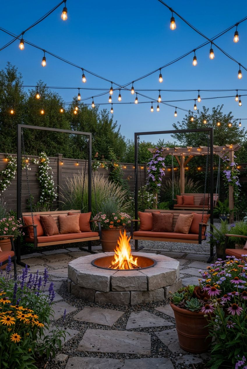 A contemporary garden lounge designed for lively gatherings, where modern bench swings with orange cushions hang from industrial-style black.