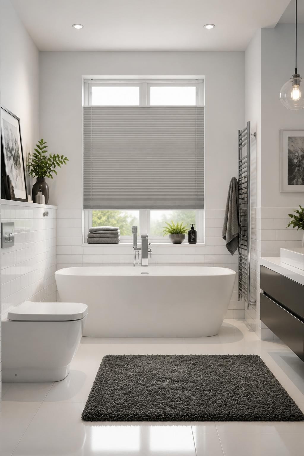 A contemporary white bathroom with a crisp, geometric aesthetic, highlighted by a deep freestanding tub in front of a window dressed with pa.