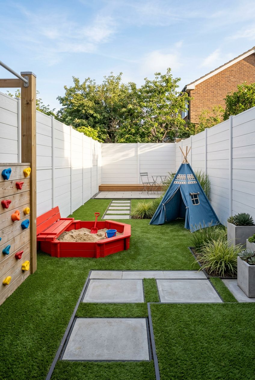 Highlight a contemporary fenced backyard play area with sleek white horizontal panels enclosing a long, narrow garden.
