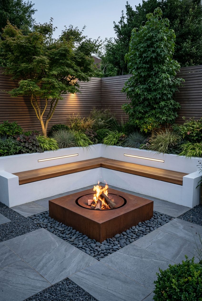 Present a contemporary corner garden lounge featuring crisp white L-shaped built-in seating with natural wood-topped benches framing a sunke.