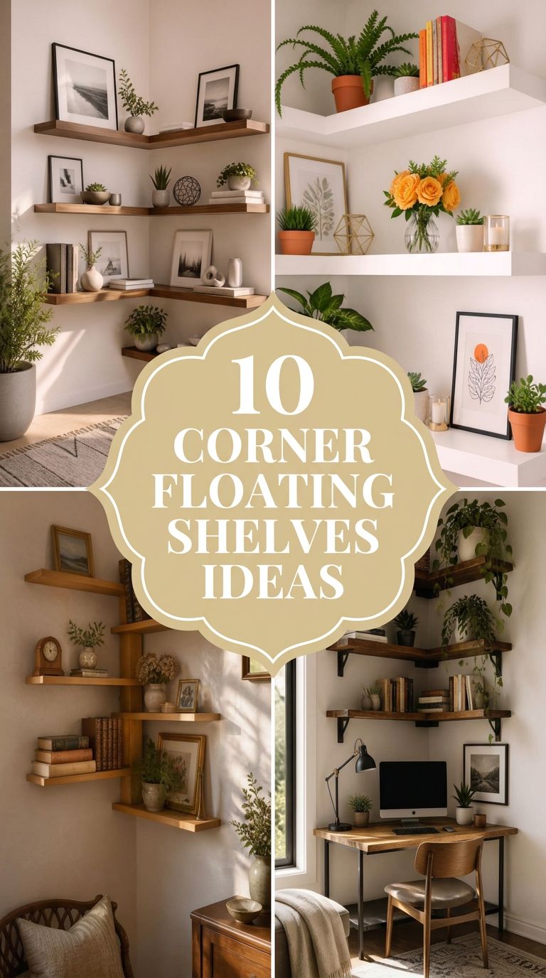 Pinterest banner for 10 Corner Floating Shelves Ideas for Awkward Spaces