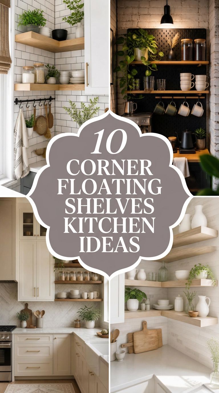 Pinterest banner for 10 Corner Floating Shelves Kitchen Ideas for Smart, Stylish Storage