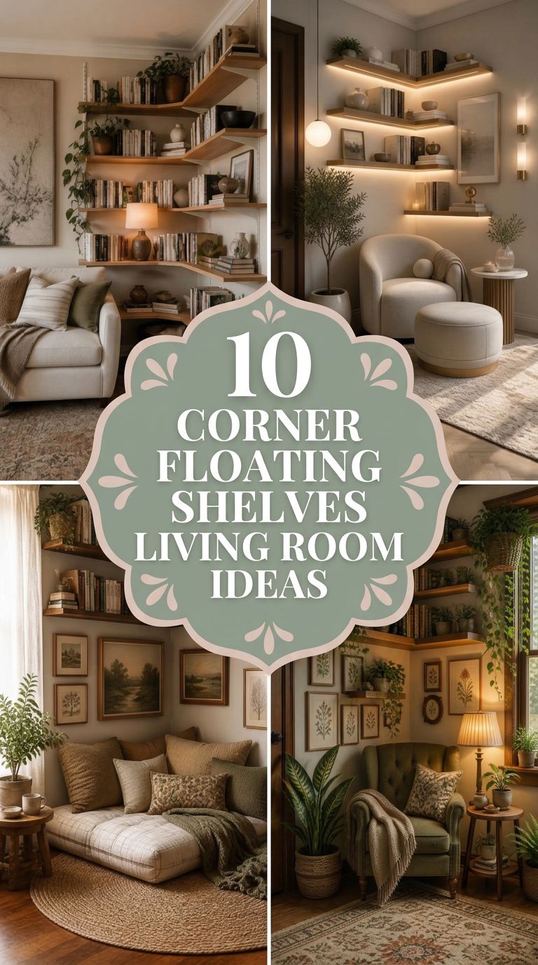 Pinterest banner for 10 Corner Floating Shelves Living Room Ideas for Stylish Storage