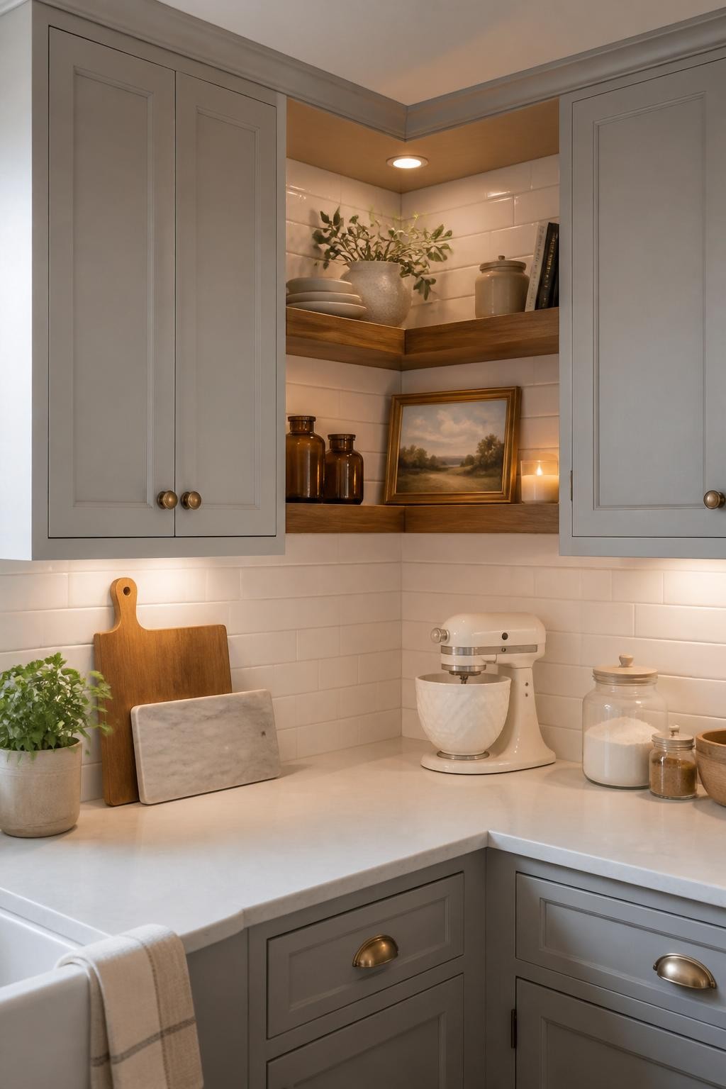 A cozy kitchen corner featuring L-shaped floating shelves nestled between soft gray cabinets, creating an efficient use of space.