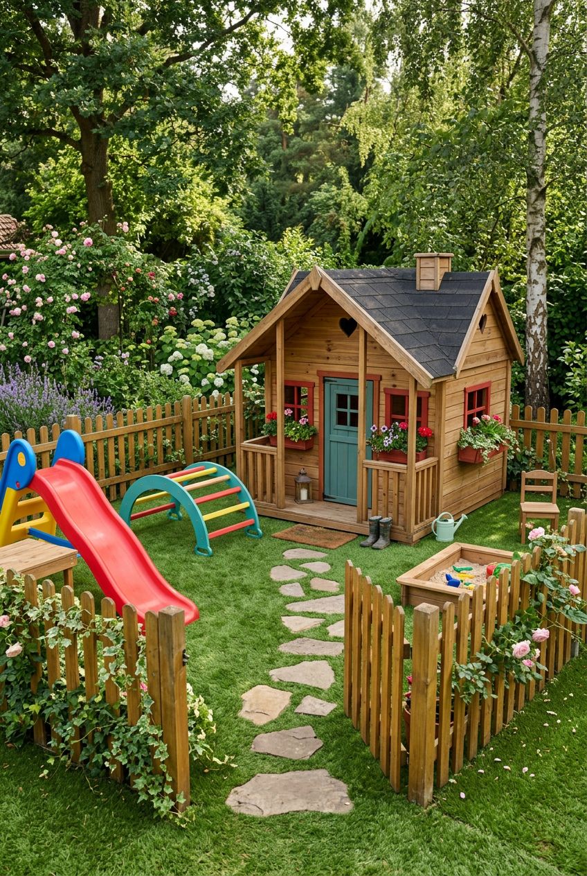 Illustrate a cozy, cottage-inspired enclosed play space defined by honey-hued wooden fencing, with a charming wooden playhouse centered as t.