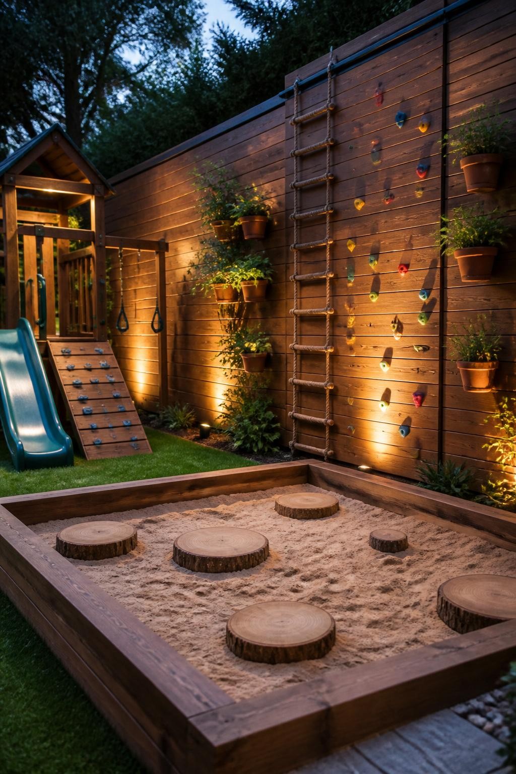 A charming “adventure wall” play area with a robust wooden playset to one side, featuring a small green slide and a mini climbing ramp.