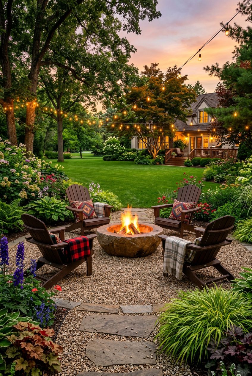 Nestled in a flourishing cottage garden, a gravel fire pit sits within a circular stone border, surrounded by four Adirondack chairs in rich.