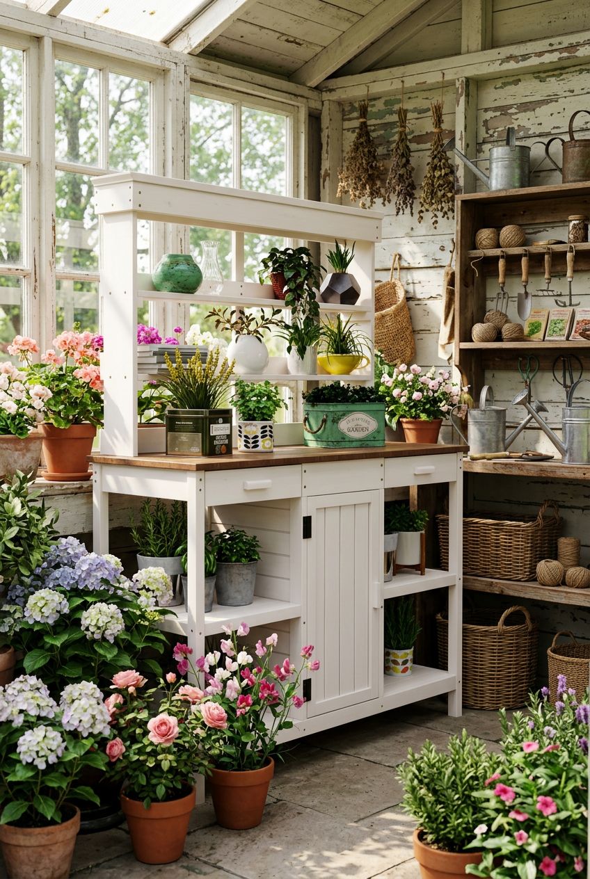 Use the uploaded Wooden Potting Bench Table exactly as the reference product, maintaining its crisp white painted finish, wood shelving, two.