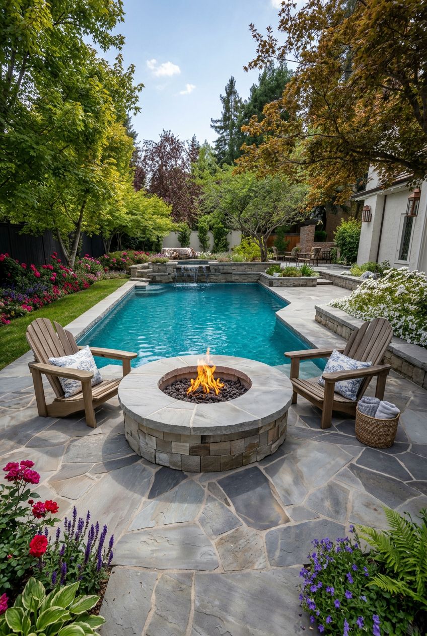 Showcase a timeless cottage-style outdoor area with a circular stone fire pit overlooking a bright swimming pool.